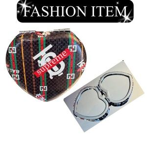 COMPACT MIRROR: Heart-Shaped Black, Red, Green Collab Monogram Design,NWOT